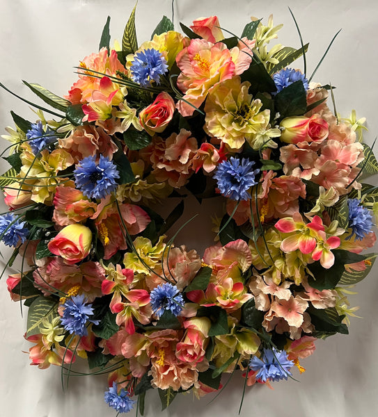 Artificial Memorial / Cemetery Wreath -Peach, Light Yellow/ Green and Periwinkle