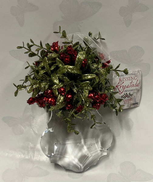 Kissing Krystal -Mistletoe Ornament- Classic Red -Edged Teardrop