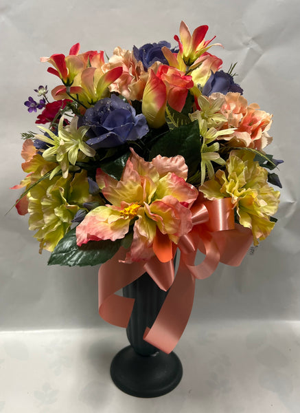 Artificial Cemetery Vase -Peach, Dusty Blue, Dark Pink and Yellow