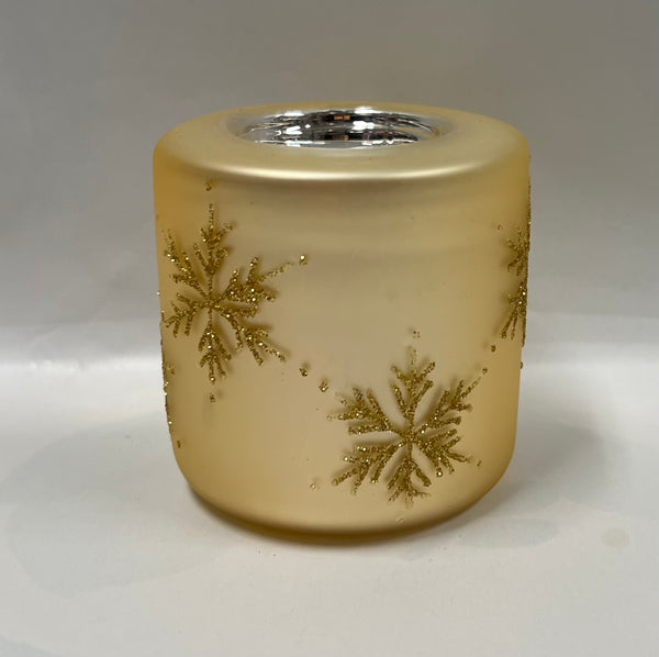 Gold tea light candle holder with snowflakes -short