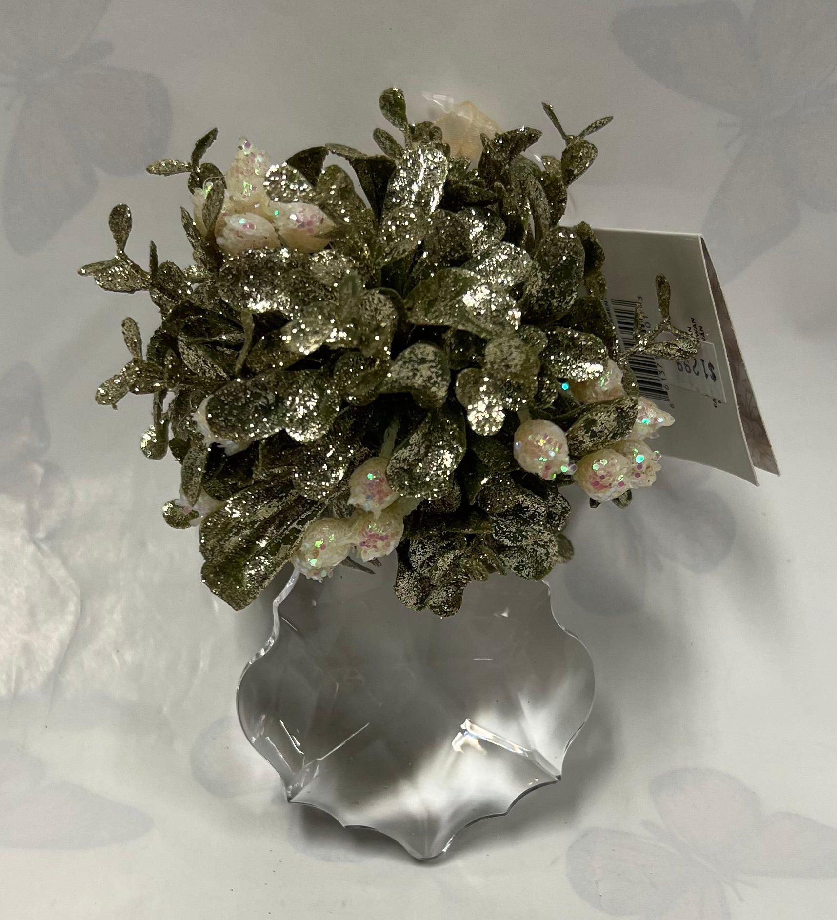 Kissing Krystal -Mini Mistletoe Ornament- Champagne White -Edged Teardrop