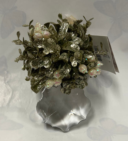Kissing Krystal -Mini Mistletoe Ornament- Champagne White -Edged Teardrop