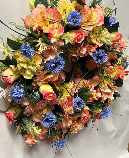 Artificial Memorial / Cemetery Wreath -Peach, Light Yellow/ Green and Periwinkle