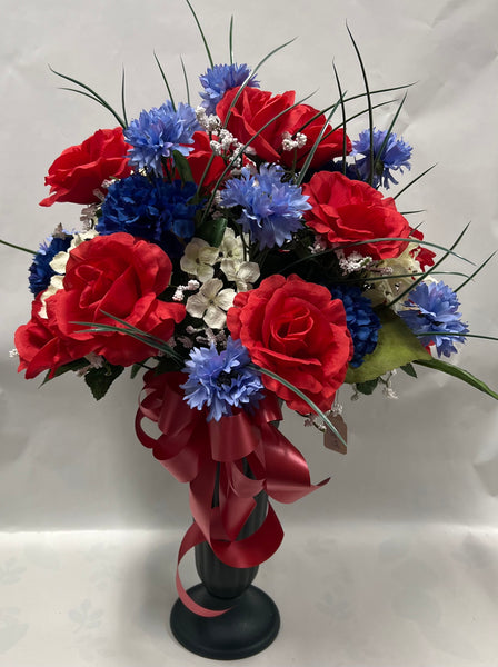 Artificial Cemetery Vase -Red, Dark Blue and Periwinkle