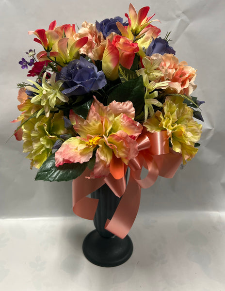 Artificial Cemetery Vase -Peach, Dusty Blue, Dark Pink and Yellow