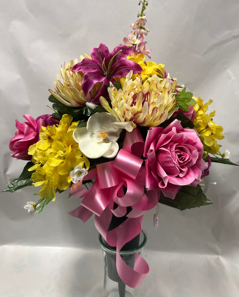 Artificial Cemetery Vase -Fuchsia, Hot Pink, Yellow and Cream