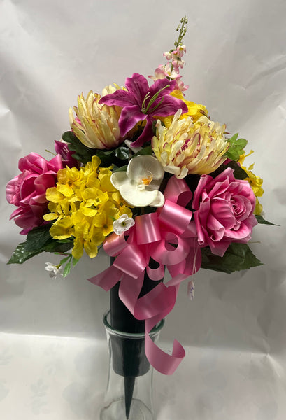 Artificial Cemetery Vase -Fuchsia, Hot Pink, Yellow and Cream