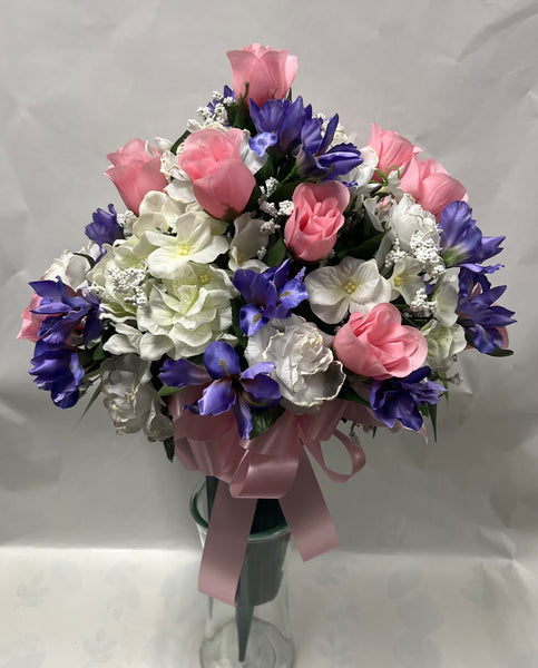 Artificial Cemetery Vase -Light Pink, White and Purple Violet