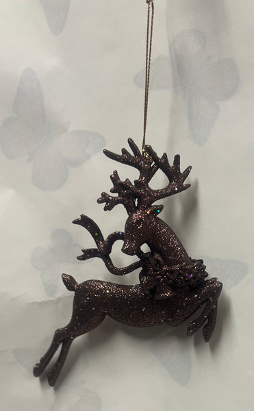 Burgundy Glitter Deer Tree Ornament -Jumping