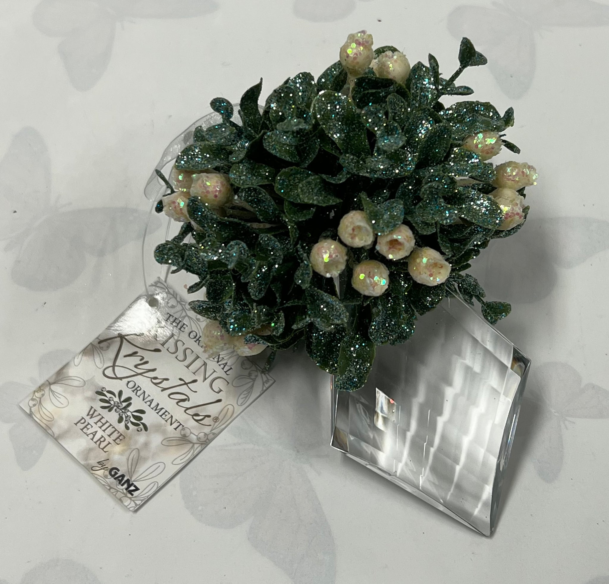 Kissing Krystal -Mini Mistletoe Ornament- White Pearl -Diamond
