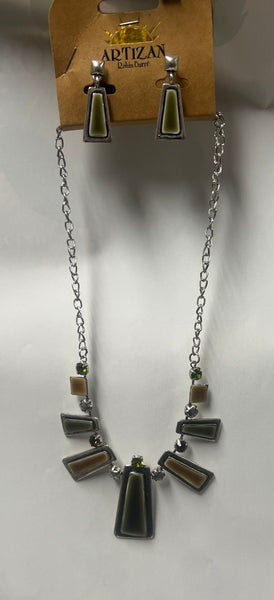 Artizan Necklace/ Earring Set -Green/Taupe