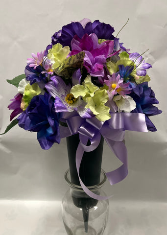 Artificial Cemetery Vase -Purple, Blue, Mauve and Lime Green