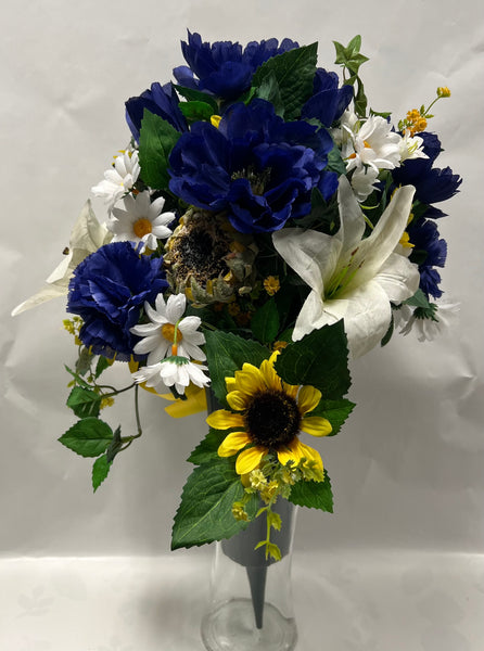 Artificial Cemetery Vase -Dark Blue, Yellow and White