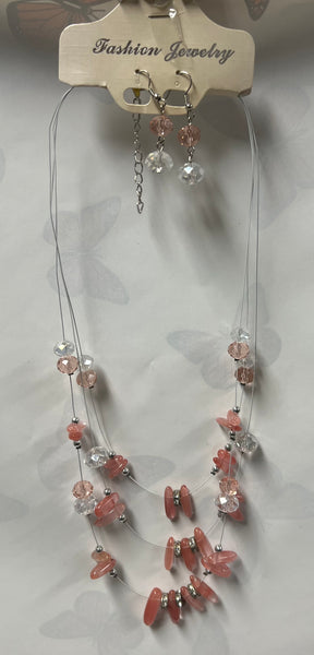 Peach/ Clear Necklace/ Earring Set