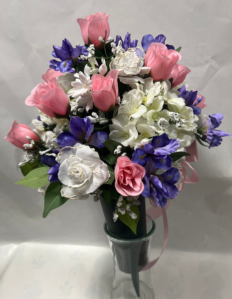 Artificial Cemetery Vase -Light Pink, White and Purple Violet