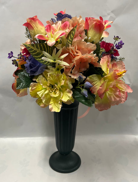 Artificial Cemetery Vase -Peach, Dusty Blue, Dark Pink and Yellow
