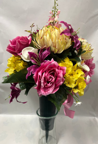Artificial Cemetery Vase -Fuchsia, Hot Pink, Yellow and Cream