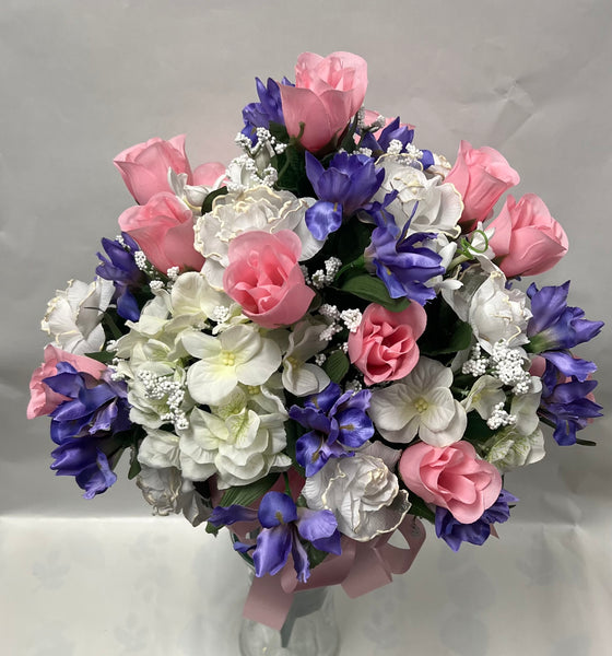 Artificial Cemetery Vase -Light Pink, White and Purple Violet