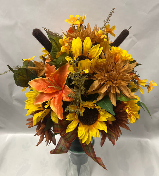 Artificial Cemetery Vase -Golden Yellow, Orange and Brown