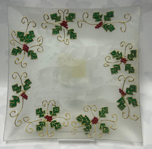 Frosted Holly Candle Plate -Small