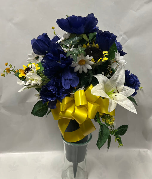 Artificial Cemetery Vase -Dark Blue, Yellow and White