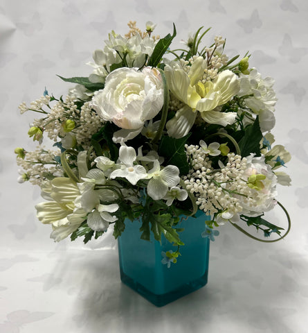 Artificial Cube Arrangement- White, Cream and Teal