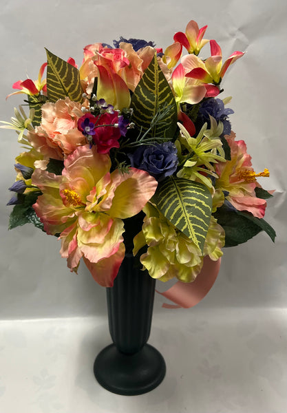 Artificial Cemetery Vase -Peach, Dusty Blue, Dark Pink and Yellow