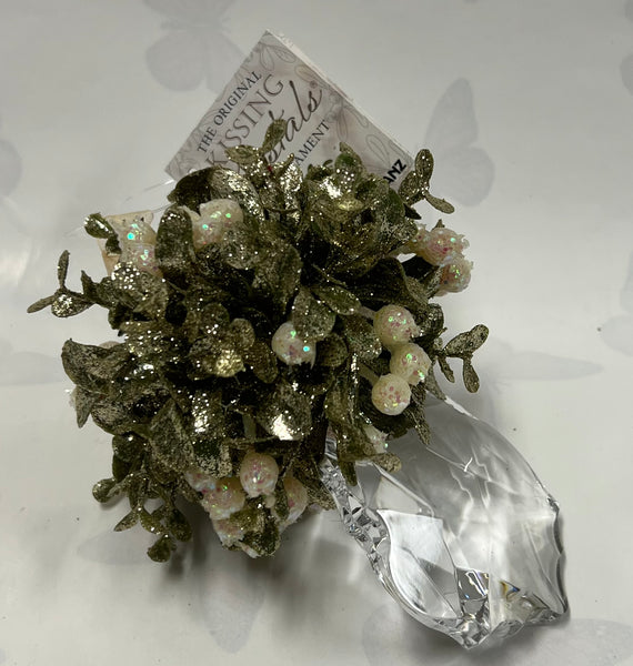 Kissing Krystal -Mini Mistletoe Ornament- Champagne White -Edged Teardrop