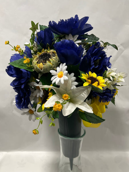 Artificial Cemetery Vase -Dark Blue, Yellow and White