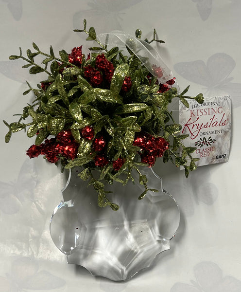 Kissing Krystal -Mistletoe Ornament- Classic Red -Edged Teardrop
