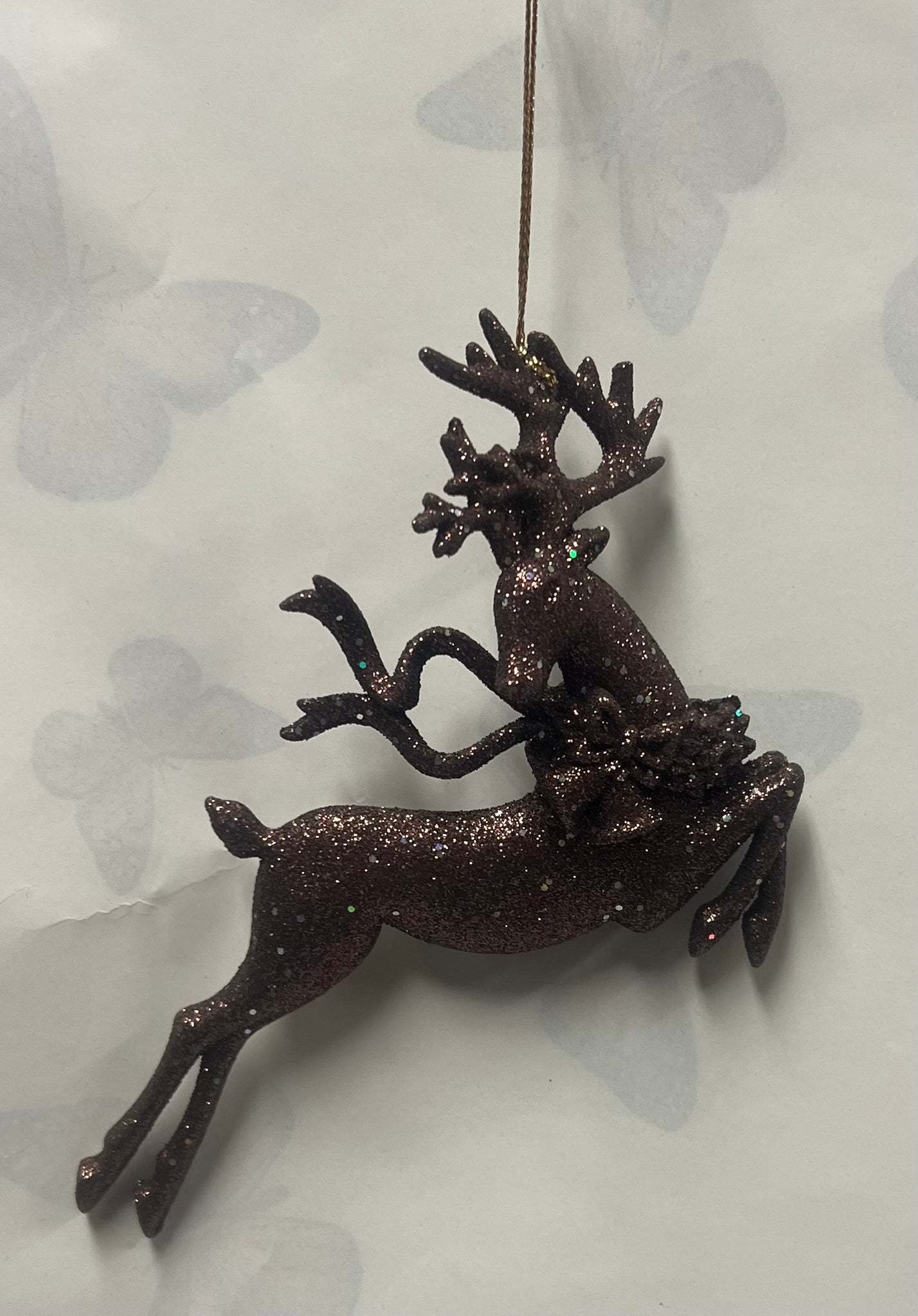 Burgundy Glitter Deer Tree Ornament -Jumping