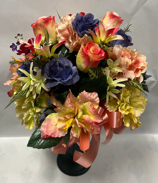 Artificial Cemetery Vase -Peach, Dusty Blue, Dark Pink and Yellow