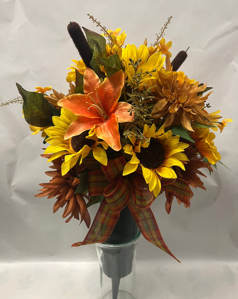 Artificial Cemetery Vase -Golden Yellow, Orange and Brown