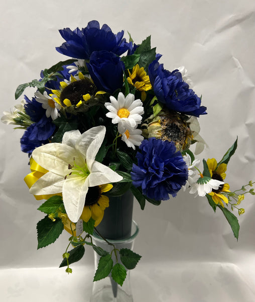 Artificial Cemetery Vase -Dark Blue, Yellow and White