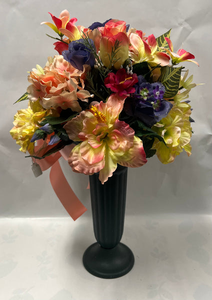 Artificial Cemetery Vase -Peach, Dusty Blue, Dark Pink and Yellow