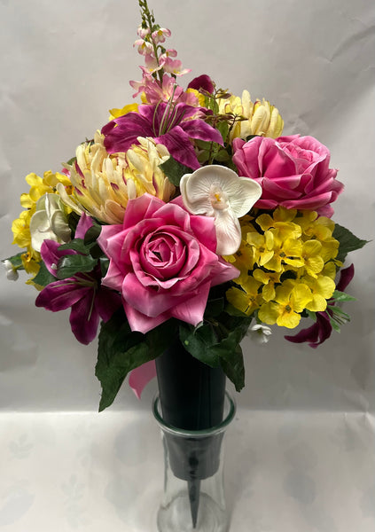 Artificial Cemetery Vase -Fuchsia, Hot Pink, Yellow and Cream