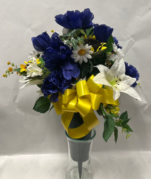 Artificial Cemetery Vase -Dark Blue, Yellow and White