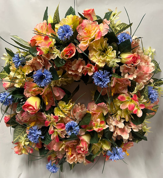 Artificial Memorial / Cemetery Wreath -Peach, Light Yellow/ Green and Periwinkle