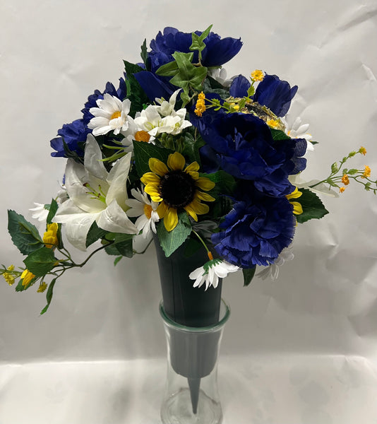 Artificial Cemetery Vase -Dark Blue, Yellow and White
