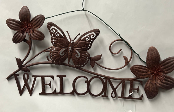Metal Welcome Sign with Bird and Flowers