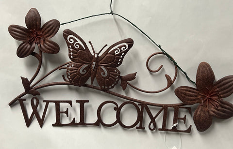 Metal Welcome Sign with Bird and Flowers