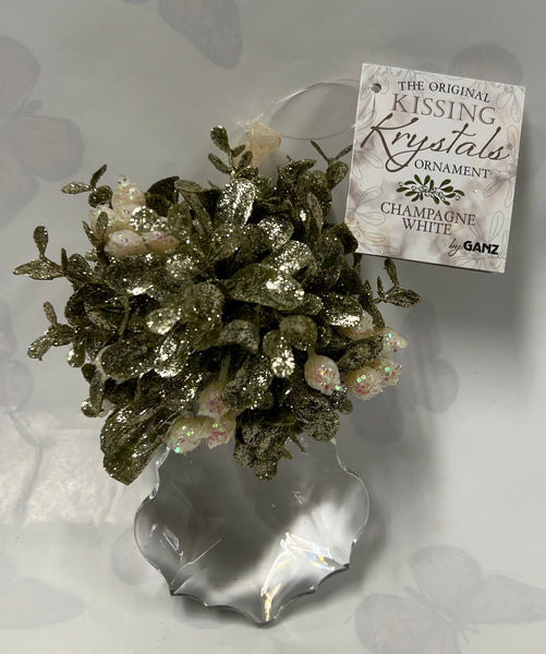 Kissing Krystal -Mini Mistletoe Ornament- Champagne White -Edged Teardrop