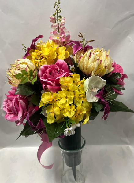 Artificial Cemetery Vase -Fuchsia, Hot Pink, Yellow and Cream