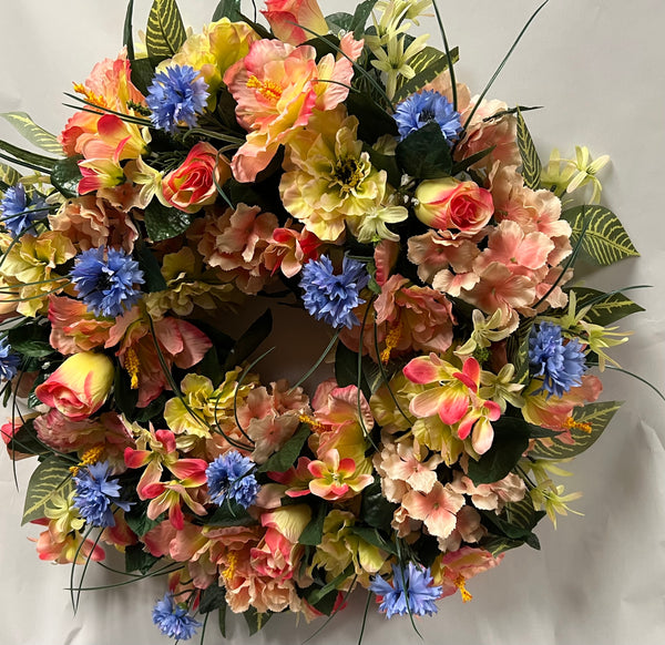 Artificial Memorial / Cemetery Wreath -Peach, Light Yellow/ Green and Periwinkle