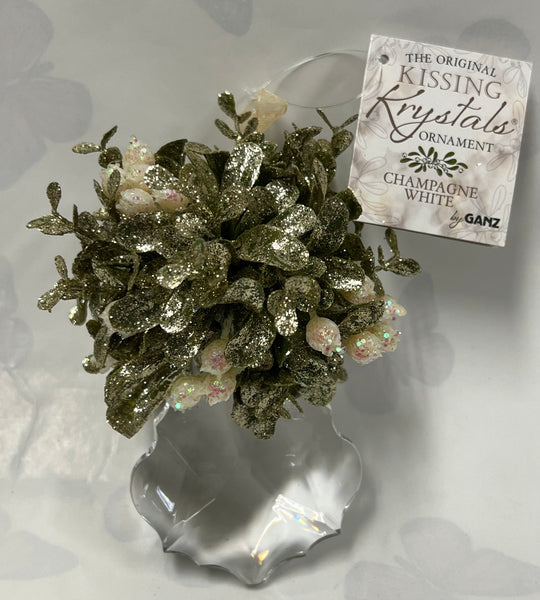 Kissing Krystal -Mini Mistletoe Ornament- Champagne White -Edged Teardrop