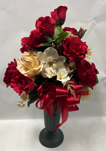 Artificial Cemetery Vase -Red, Taupe and Ivory