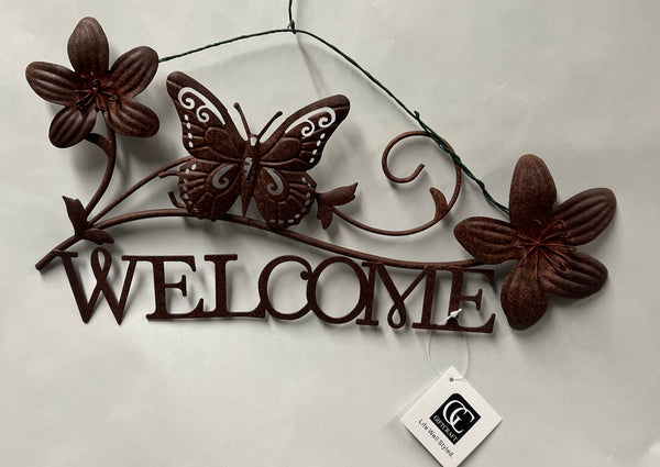 Metal Welcome Sign with Bird and Flowers
