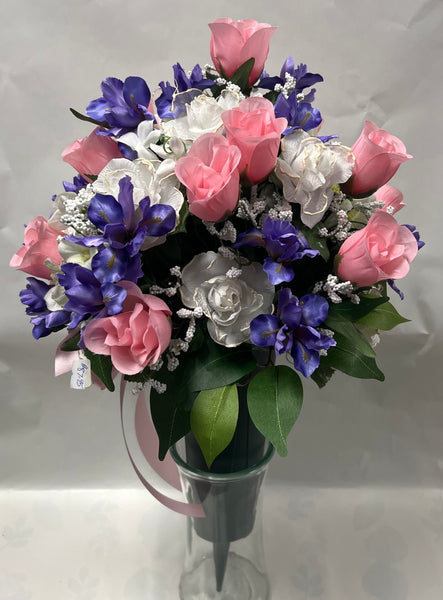 Artificial Cemetery Vase -Light Pink, White and Purple Violet