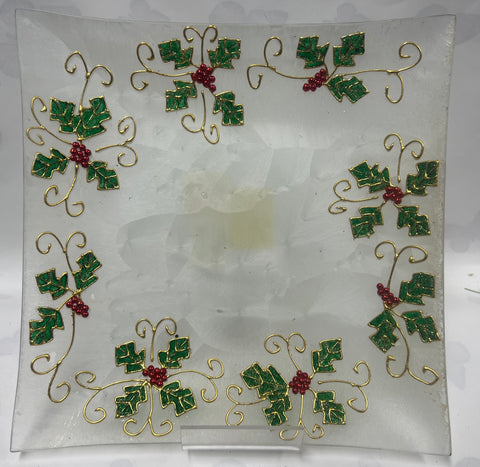 Frosted Holly Candle Plate -Small