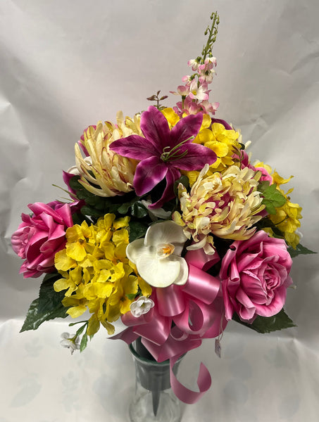 Artificial Cemetery Vase -Fuchsia, Hot Pink, Yellow and Cream